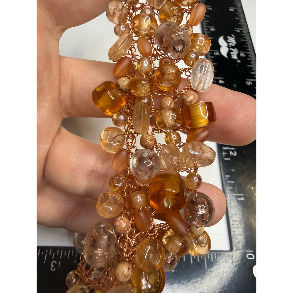 Copper Wire Crochet Beaded Cuff Bracelet Amber Honey Glass Beads Boho Artisan